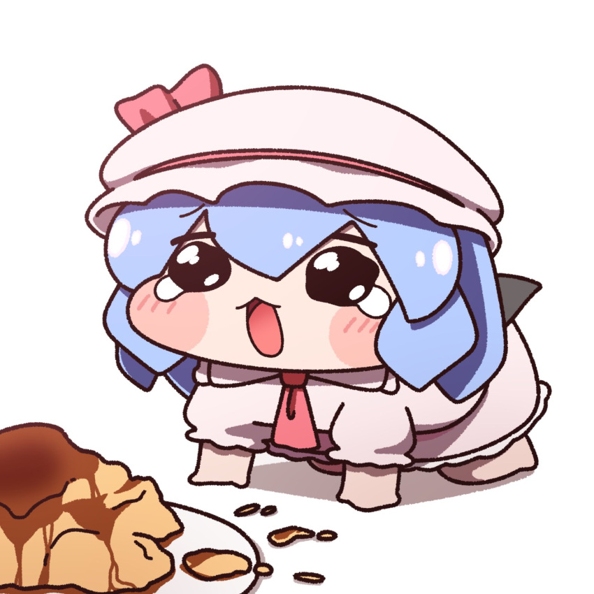 1girl, all_fours, ascot, bat_wings, blue_hair, blush, blush_stickers, bow, chibi, chibi_only, collared_shirt, commentary, crying, crying_with_eyes_open, food, full_body, hair_between_eyes, hat, hat_ribbon, highres, meme, mob_cap, open_mouth, pink_hat, pink_shirt, pink_skirt, plaid_clothes, pudding, puffy_short_sleeves, puffy_sleeves, red_ascot, red_ribbon, remilia_scarlet, ribbon, shirt, short_hair, short_sleeves, skirt, skirt_set, solo, speakiposting_(meme), symbol-only_commentary, tears, touhou, trickcal, wings, y75zei