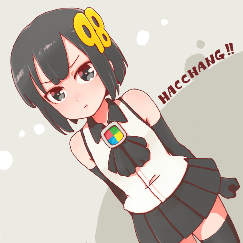 1girl, 98-tan, :t, ascot, bare_shoulders, black_ascot, black_eyes, black_gloves
