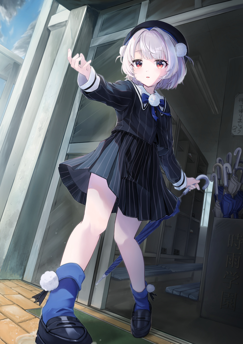1girl, beret, black_hat, black_jacket, black_shoes, black_skirt, blue_bow, blue_bowtie