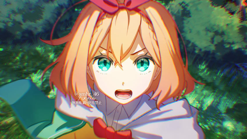 1girl, amhr_46, aqua_eyes, artist_name, blonde_hair, bow, bow_hairband, bowtie, braid, cape, collared_shirt, dress_shirt, grass, green_eyes, hair_between_eyes, hair_ribbon, hairband, highres, looking_at_viewer, medium_hair, open_mouth, orange_hair, outdoors, petra_leyte, portrait, re:zero_kara_hajimeru_isekai_seikatsu, red_bow, red_bowtie, red_hairband, red_ribbon, ribbon, shirt, short_hair, solo, teeth, twitter_username, upper_body, white_shirt
