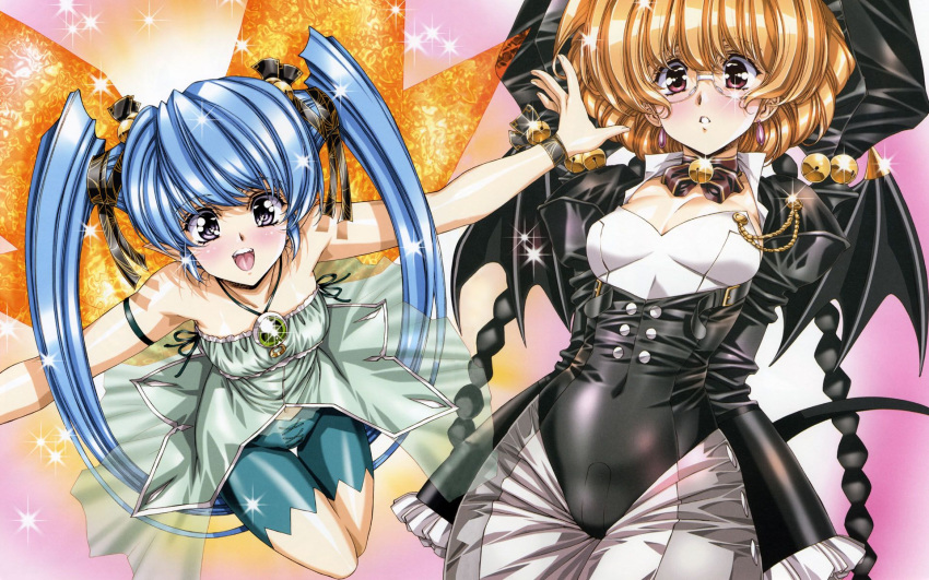 armlet, arms_behind_back, bell, blue_hair, blush, choker, fanille, glasses