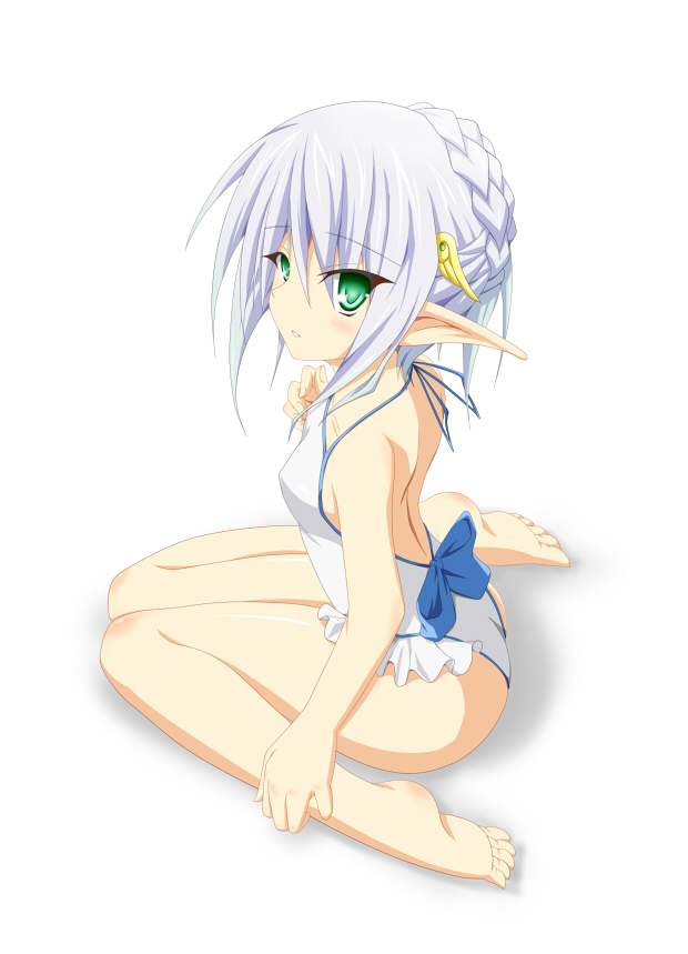 elf, green_eyes, kneeling, looking_back, micchan, one-piece_swimsuit, pixiv_fantasia, pixiv_fantasia_4, pointy_ears, simple_background, swimsuit, white_hair