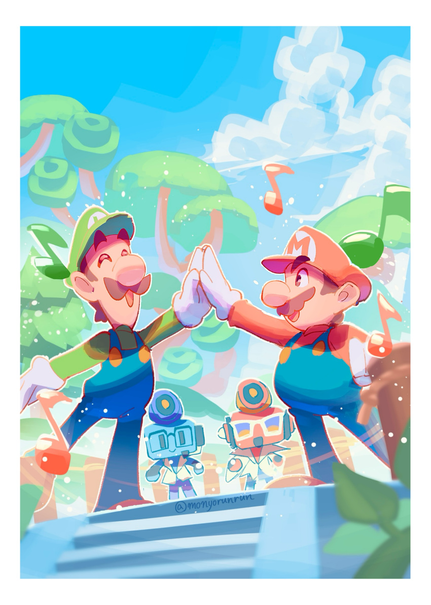 4boys, :d, absurdres, arm_up, big_nose, blue_overalls, blue_sky, blurry, border, brown_hair, closed_eyes, clouds, coat, commentary_request, dancing, day, depth_of_field, dyode_(mario), emmit_(mario), facial_hair, facing_another, glasses, gloves, green_hat, green_shirt, hat, high_five, highres, initial, legs_apart, long_sleeves, looking_at_another, luigi, mario, mario_&amp;_luigi:_brothership, mario_&amp;_luigi_rpg, monyorun, multiple_boys, musical_note, mustache, outdoors, outline, overalls, red_hat, red_shirt, scene_reference, shirt, short_hair, sideburns, sky, smile, standing, super_mario_bros., tree, twitter_username, white_border, white_coat, white_gloves, white_outline