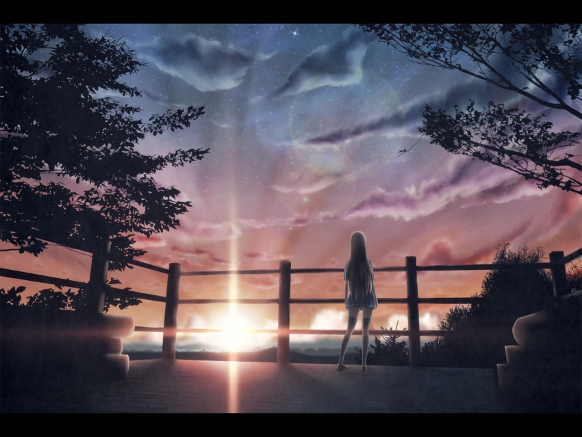artist_request, cloud, clouds, highres, hono_mochizuki, long_hair, night, night_sky, original, scenery, school_uniform, serafuku, skirt, sky, solo, standing, star, star_(sky), sun, sunset, thigh-highs, thighhighs, tree