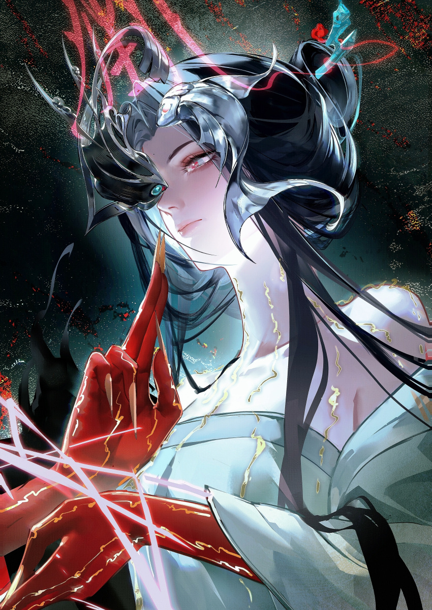 1girl, absurdres, bare_shoulders, black_hair, body_markings, character_request, chinese_hairpin, collarbone