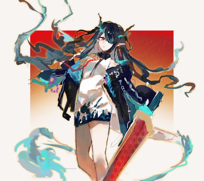 1girl, absurdres, arknights, black_hair, dragon_girl, dragon_horns, dragon_tail, dusk_(arknights)