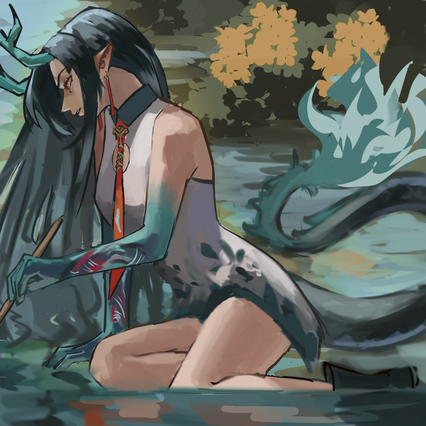 1girl, absurdres, arknights, black_hair, dragon_girl, dragon_horns, dragon_tail, dusk_(arknights)