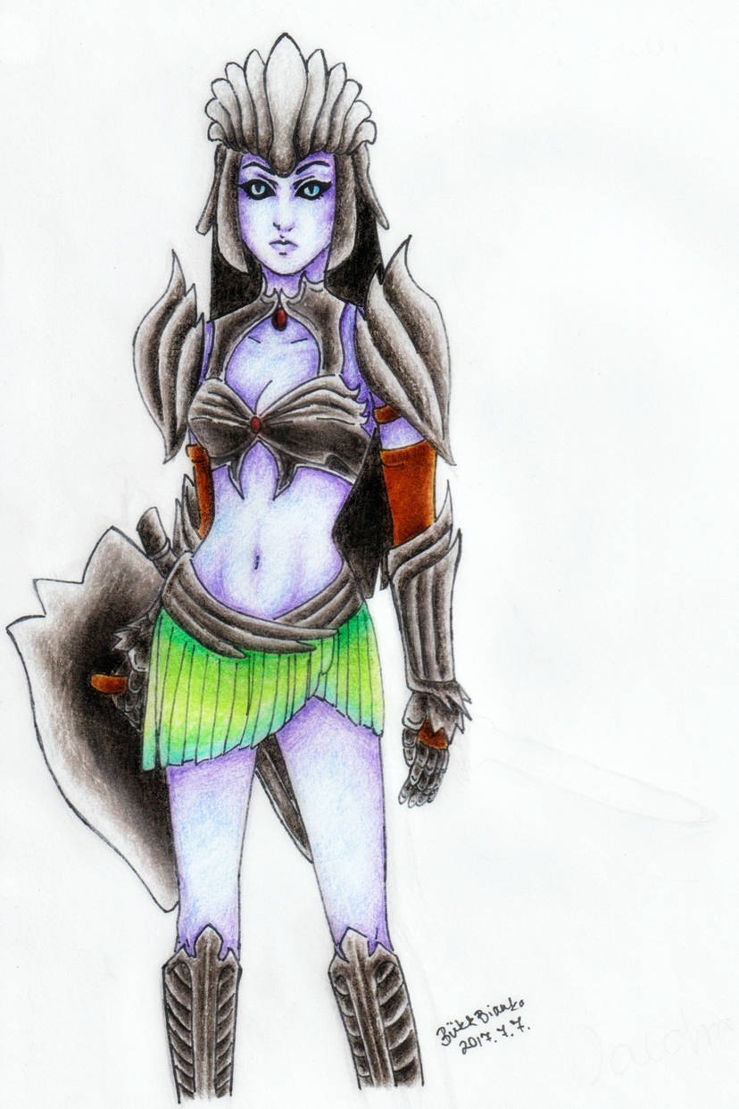 1girl, armor, armored_boots, black_armor, black_hair, black_sclera, blue_eyes, blue_skin