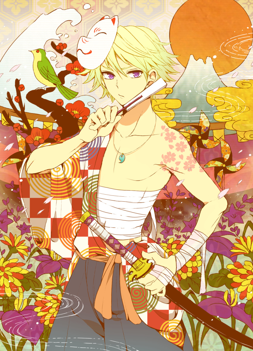 bare_shoulders, bellflower, bird, blonde_hair, chrysanthemum, fan, flower, folding_fan
