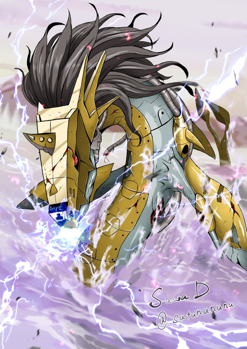 armor, black_hair, cable, cyborg, digimon, digimon_(creature), electricity, fins