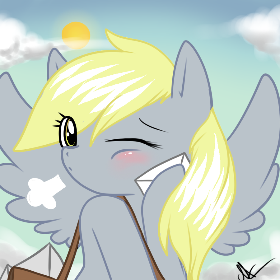 1girl, animal, artist_request, bag, blonde_hair, blush, card, derpy_hooves