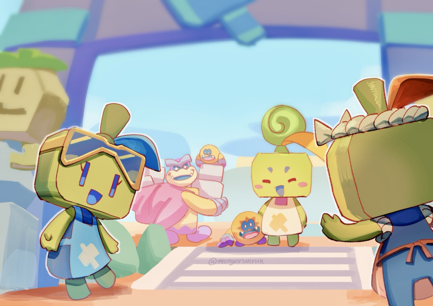 2girls, 3boys, :d, apron, billdit_(mario), blue_eyes, eyewear_on_head, gorumbla