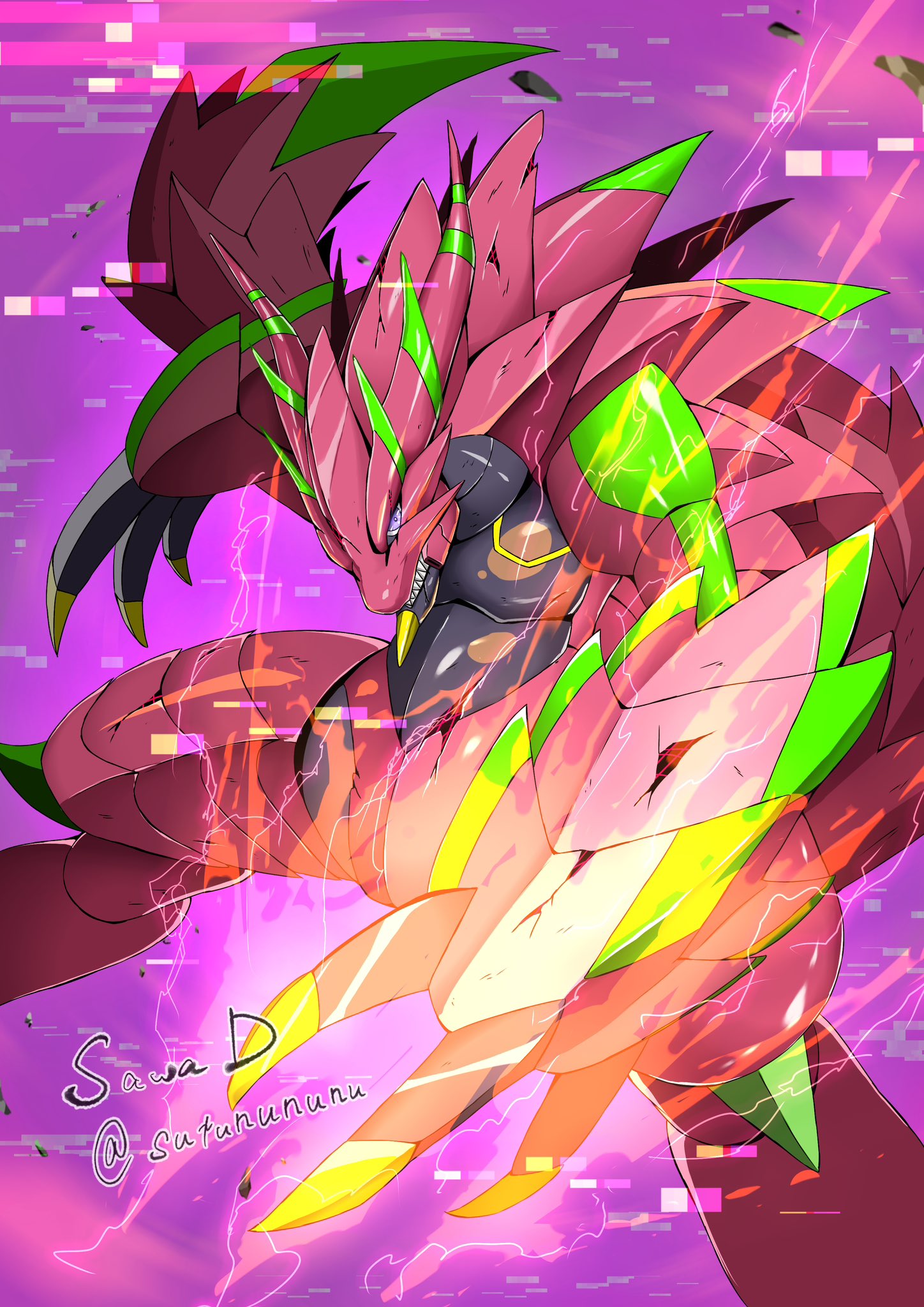 armalizamon, armor, claws, digimon, digimon_(creature), digimon_beatbreak, electricity, glowing_claws, highres, lizard, no_humans, pink_armor, pink_background, sawa_d, sharp_teeth, simple_background, spiked_tail, spikes, tail, teeth, violet_eyes