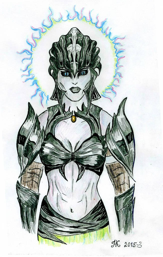1girl, armor, black_armor, black_sclera, blue_eyes, boobplate, clawed_gauntlets, cleavage_cutout