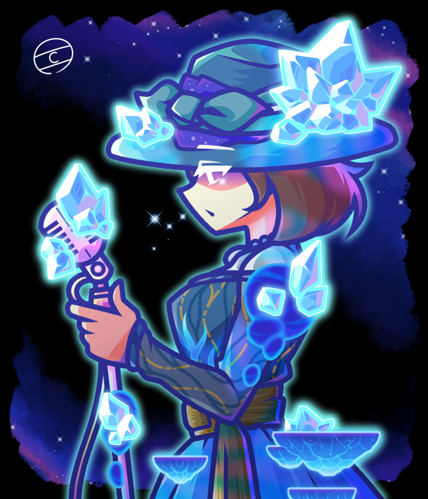 1girl, absurdres, artist_logo, brown_hair, clochan_(dongin1228), crystal, dress, from_side