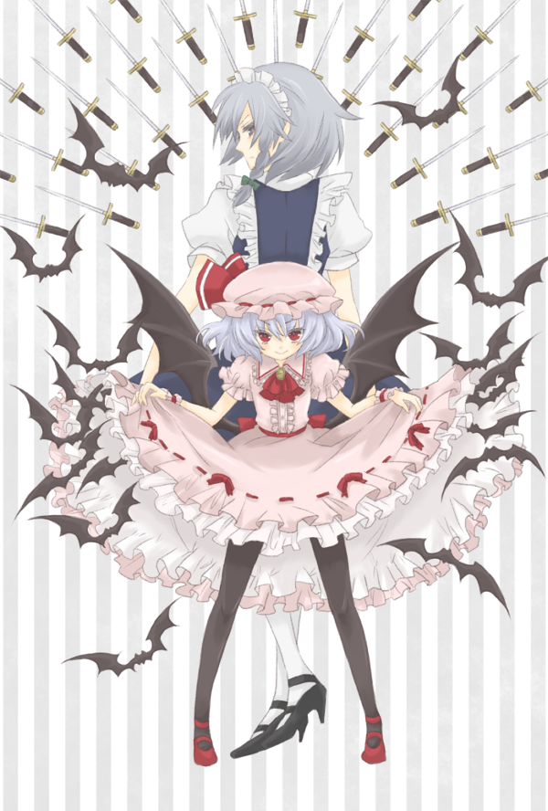 bat, bat_wings, black_legwear, blue_hair, braid, doku_(ka022k), dress, dress_lift