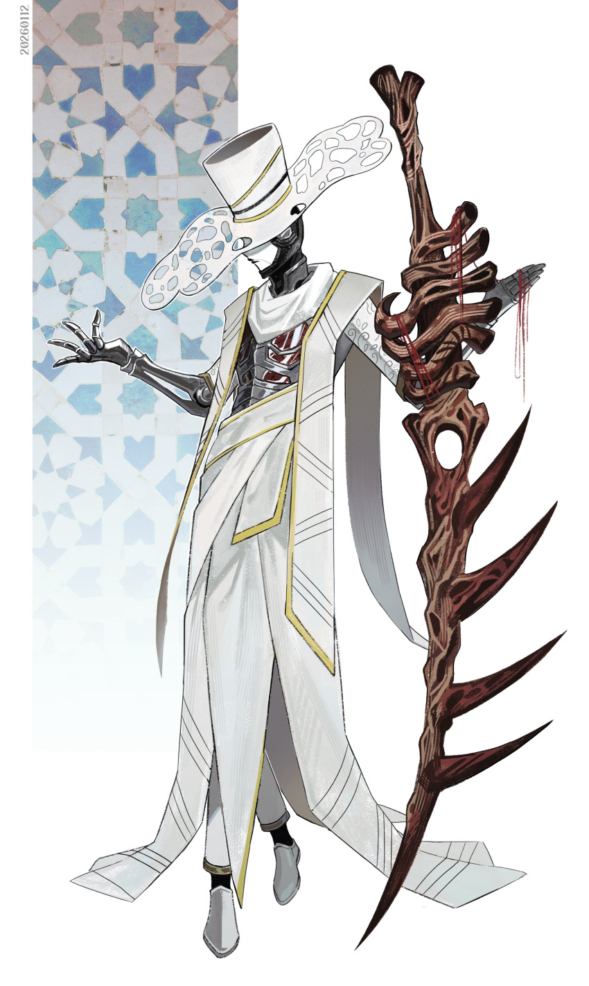 1boy, 2026, absurdres, asdf1211950, bone_weapon, clothed_robot, cyborg, dated, full_body, hat, highres, holding, holding_sword, holding_weapon, joints, large_hat, limbus_company, mechabare, mechanical_arms, nursefather_of_the_ring, pants, project_moon, robe, robot, robot_joints, shoes, solo, standing, stole, string, string_of_fate, sword, weapon, white_background, white_hat, white_pants, white_robe, white_shoes, wide_brim