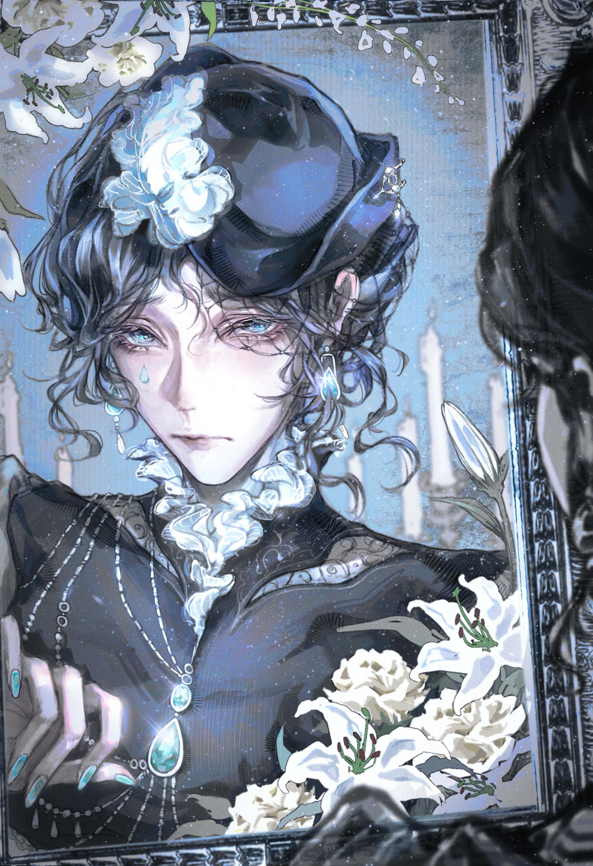 1girl, absurdres, black_hair, black_hat, black_shirt, border, candle, chinese_commentary