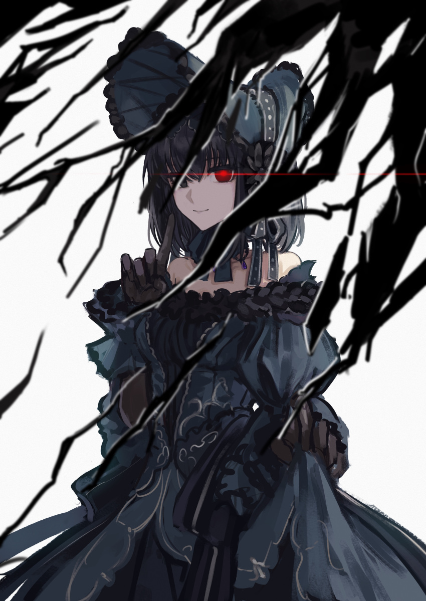 1girl, absurdres, baixiang1234567, bare_shoulders, black_eyes, black_hair, blue_bonnet, bonnet