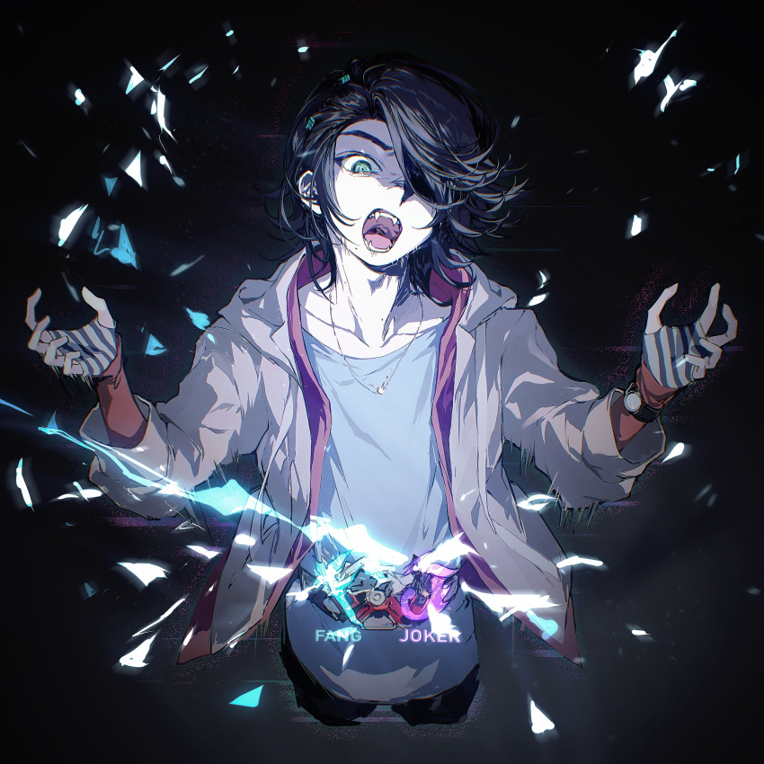 1boy, black_background, black_hair, black_hands, blue_shirt, colored_extremities, commentary, cropped_legs