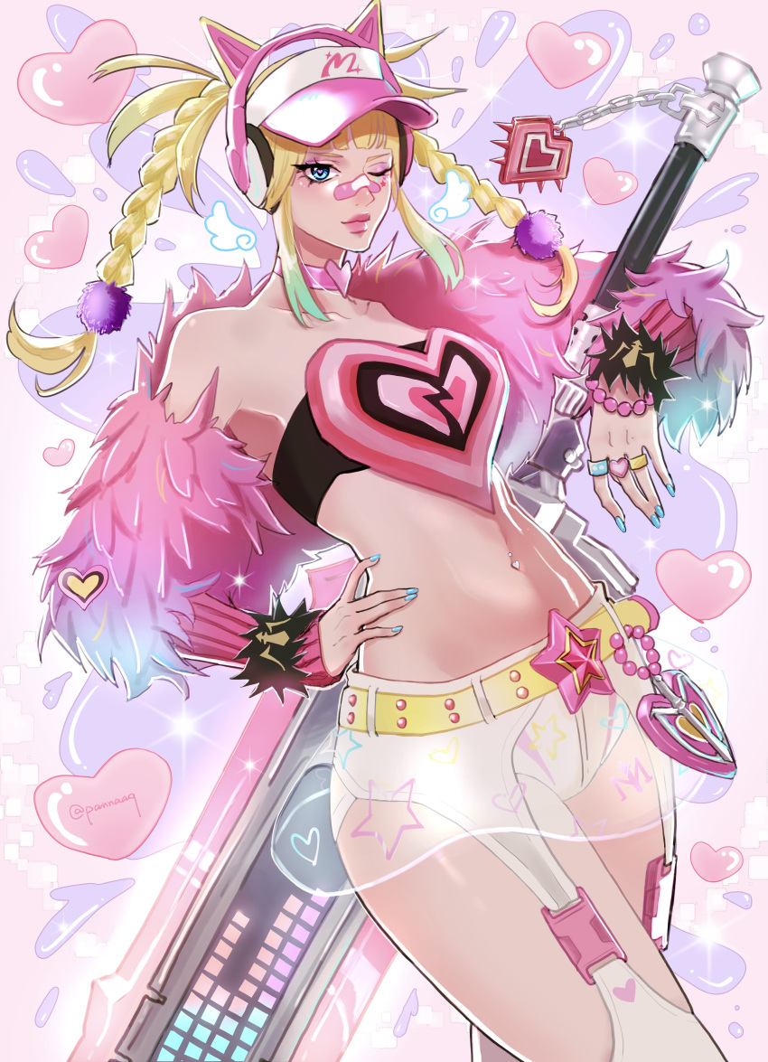 1girl, absurdres, animal_ear_headphones, animal_ears, bandaid, bandaid_on_face, bandaid_on_nose, bandeau