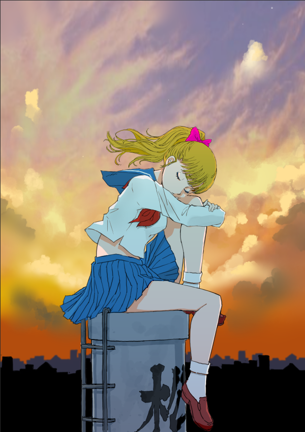 1girl, blonde_hair, blue_sailor_collar, blue_skirt, bow, brown_shoes, closed_eyes, clouds