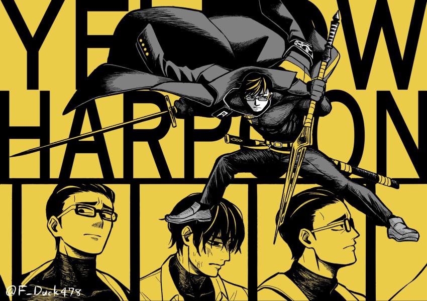 1boy, armband, belt, black_gloves, black_hair, black_pants, black_shirt, blonde_hair