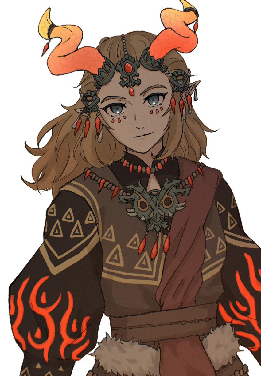 1boy, blonde_hair, commentary_request, earrings, ember_set_(zelda), facial_mark, highres, horns