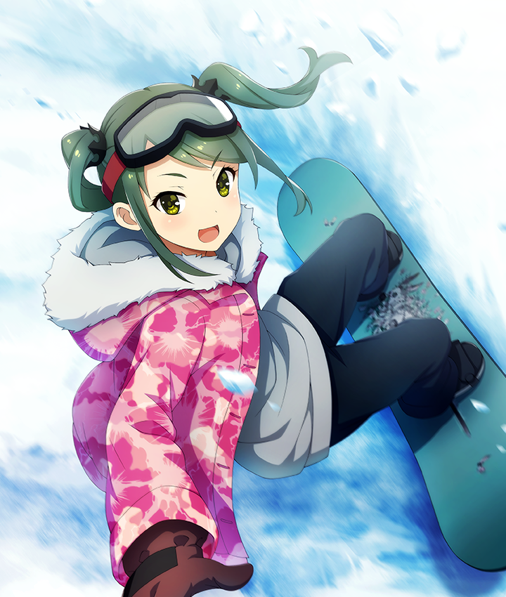 1girl, :d, black_pants, black_shoes, blush, brown_gloves, dot_nose, fur-trimmed_jacket, fur_trim, game_cg, gloves, goggles, goggles_on_head, green_eyes, green_hair, grey_shirt, hood, hooded_jacket, jacket, medium_hair, nagae_futaba, official_art, open_clothes, open_jacket, open_mouth, pants, pink_jacket, print_jacket, shirt, shoes, sidelocks, ski_goggles, smile, snow, snowboard, snowboarding, solo, squatting, third-party_source, toji_no_miko, toji_no_miko:_kizamishi_issen_no_tomoshibi, twintails, v-shaped_eyebrows, winter_clothes