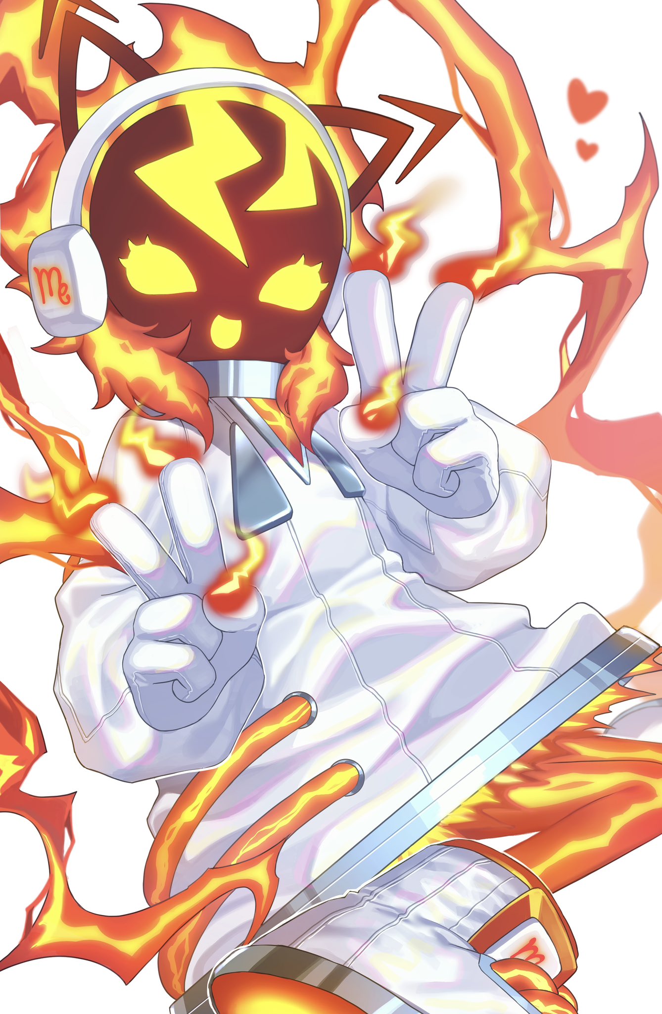 1girl, duel_monster, electricity, elemental_(creature), energy_hair, enmo_takeshita, gloves, headphones, heart, highres, jacket, lightning_elemental, lightning_hair, monster_girl, spright_red, v, white_background, white_jacket, yu-gi-oh!