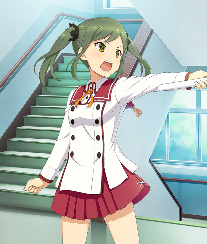 1girl, :o, breasts, buttons, clenched_hand, cowboy_shot, double-breasted, game_cg, green_eyes, green_hair, holding, indoors, legs_apart, long_sleeves, medium_hair, minoseki_academy_school_uniform, nagae_futaba, official_art, open_mouth, outstretched_arm, red_sailor_collar, red_skirt, ribbon, sailor_collar, school_uniform, shirt, sidelocks, skirt, small_breasts, solo, stairs, stairwell, teeth, third-party_source, toji_no_miko, toji_no_miko:_kizamishi_issen_no_tomoshibi, twintails, upper_teeth_only, white_shirt, window, yellow_ribbon