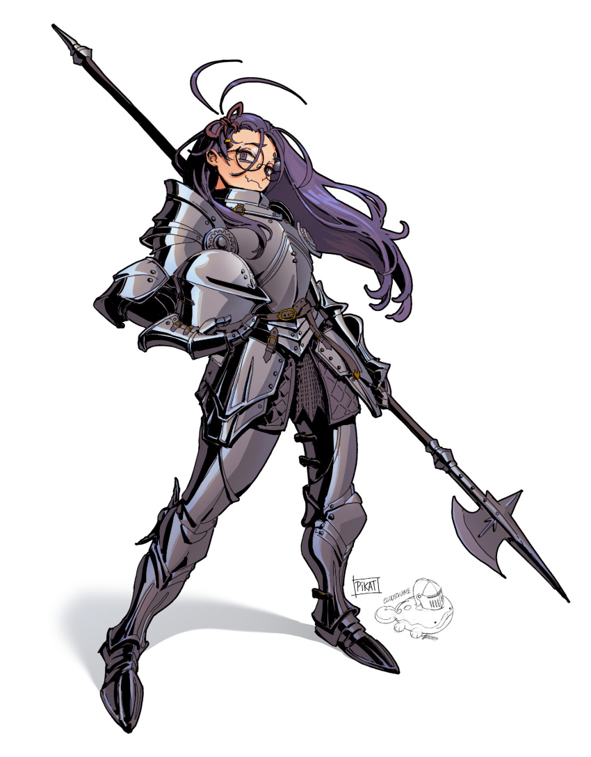 1girl, ahoge, antenna_hair, armor, clodsire, detached_ahoge, fang, gauntlets