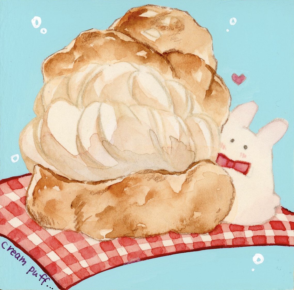 acrylic_gouache_(medium), blue_background, cream_puff, food, food_focus, heart, no_humans, original
