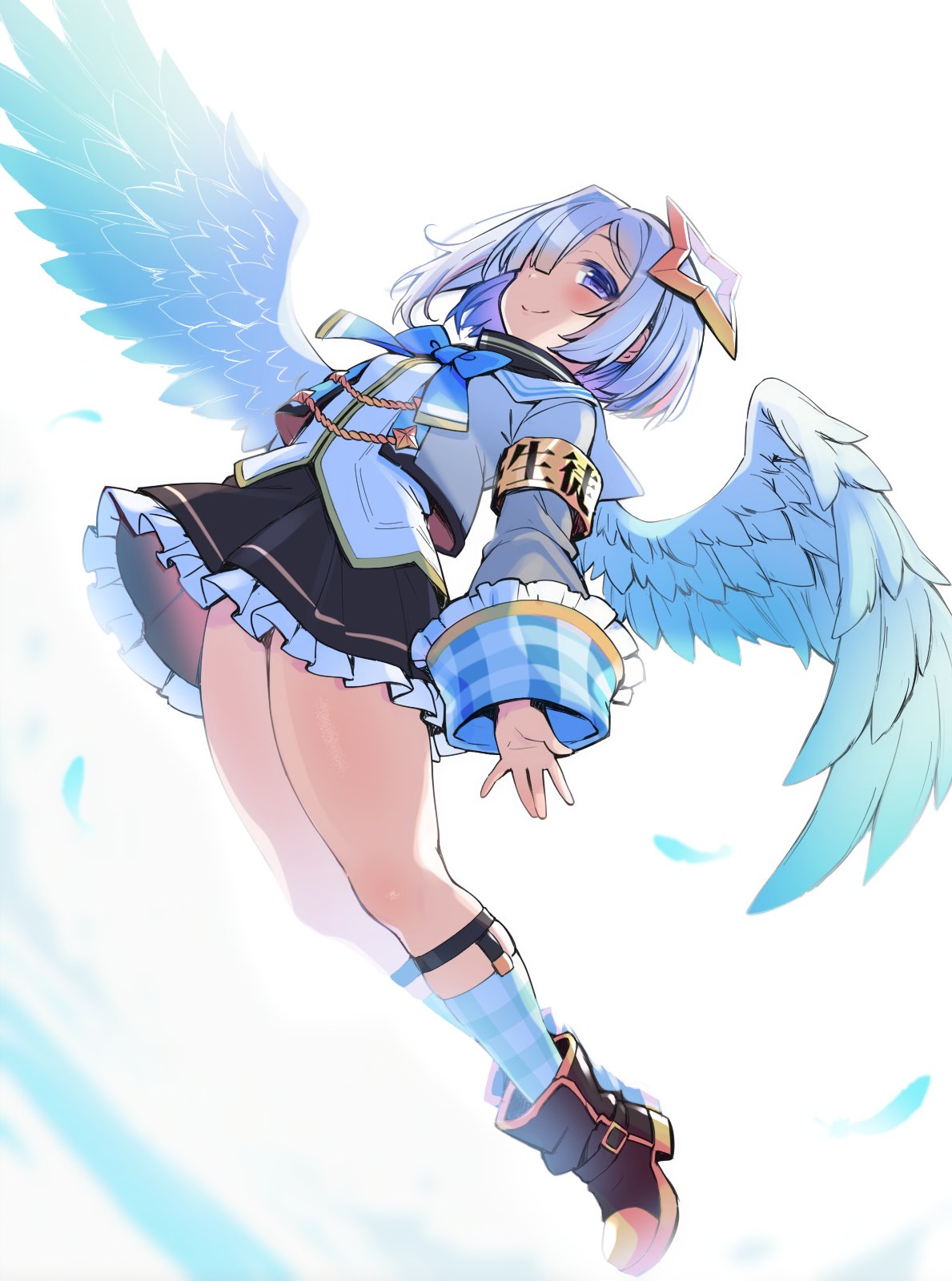 1girl, amane_kanata, amane_kanata_(1st_costume), angel, angel_wings, arched_back, armband, blue_hair