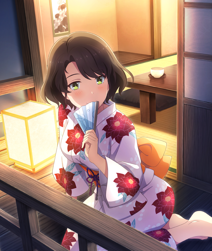 1girl, balcony, barefoot, blush, bowl, breasts, brown_hair, closed_mouth, floral_print, floral_print_kimono, folding_fan, game_cg, green_eyes, hand_fan, hanging_scroll, hashima_ema, holding, holding_fan, japanese_clothes, kimono, lantern, medium_breasts, night, obi, official_art, print_kimono, railing, sash, saucer, scroll, short_hair, sitting, smile, solo, table, tatami, third-party_source, toji_no_miko, toji_no_miko:_kizamishi_issen_no_tomoshibi, white_kimono, wooden_table, yellow_sash, yokozuwari, yukata