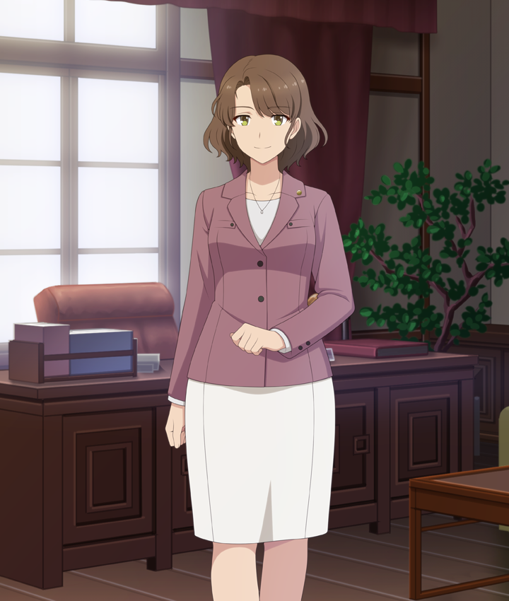 1girl, brown_hair, closed_mouth, collarbone, curtains, day, desk, dress