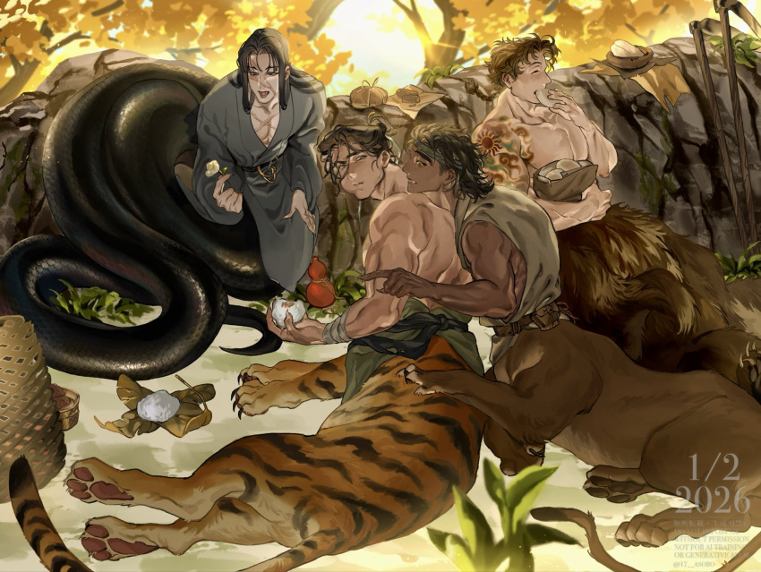 4_virgin, 4boys, arm_tattoo, bear_boy, black_hair, brown_hair, centauroid, commentary_request, eating, fingernails, food, forest, full_body, grey_hanfu, highres, lamia_boy, lion_boy, male_focus, monster_boy, multiple_boys, muscular, muscular_male, nature, original, outdoors, scar, scar_on_chest, scar_on_face, sharp_fingernails, steamed_bun, tattoo, taur, tiger_boy