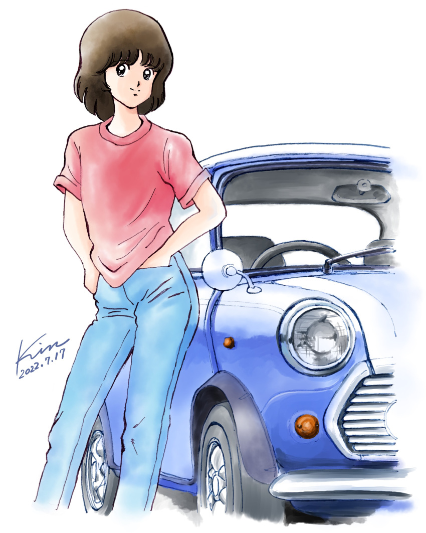 1girl, absurdres, black_eyes, blue_pants, brown_hair, car, closed_mouth, commentary_request, dated, denim, feet_out_of_frame, hands_in_pockets, highres, jeans, kobakin, looking_at_viewer, mini_cooper, miyuki_(series), motor_vehicle, pants, red_shirt, shirt, short_hair, short_sleeves, signature, smile, solo, standing, wakamatsu_miyuki, white_background
