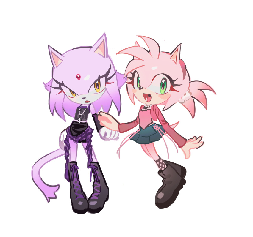 absurdres, alternate_costume, amy_rose, animal_ears, blaze_the_cat, boots, cat_girl, couple, crop_top, cross, cross_necklace, diamond_(gemstone), digu718910, forehead_jewel, full_body, furry, furry_female, gem, green_hair, happy, head_tilt, headband, hedgehog_girl, highres, jewelry, korean_commentary, long_sleeves, looking_at_viewer, necklace, open_mouth, orange_eyes, pink_fur, purple_fur, red_gem, skirt, sonic_(series), tail, white_background, yuri