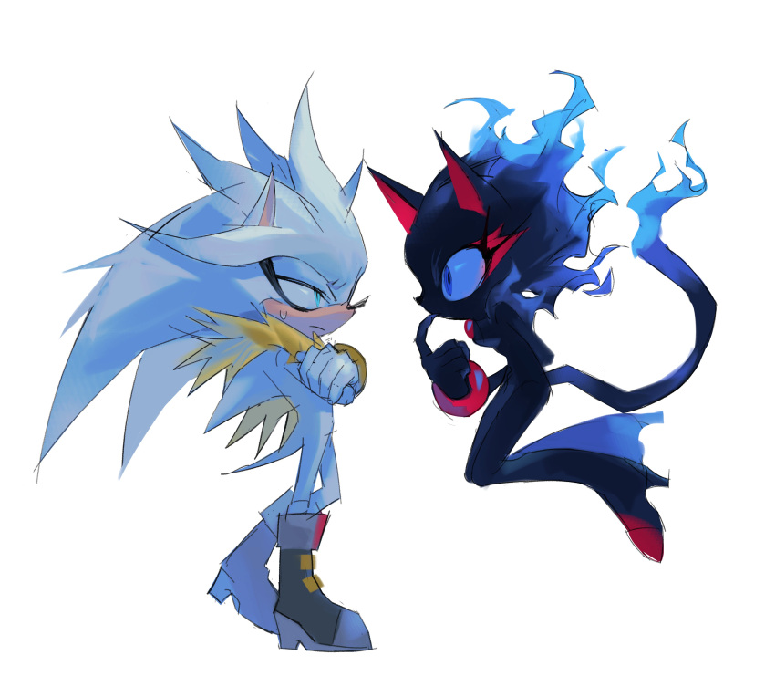 absurdres, alternate_costume, alternate_universe, animal_ears, blaze_the_cat, blaze_the_cat_(beta_design), blue_eyes, blue_fire, boots, bracelet, cat_girl, couple, crossed_arms, digu718910, fiery_hair, fiery_tail, fire, floating, full_body, fur_trim, furry, furry_female, furry_male, gloves, hedgehog_boy, highres, index_finger_raised, jewelry, korean_commentary, looking_at_another, silver_the_hedgehog, silver_the_hedgehog_(beta_design), simple_background, sonic_(series), sweatdrop, tail, white_background, white_gloves