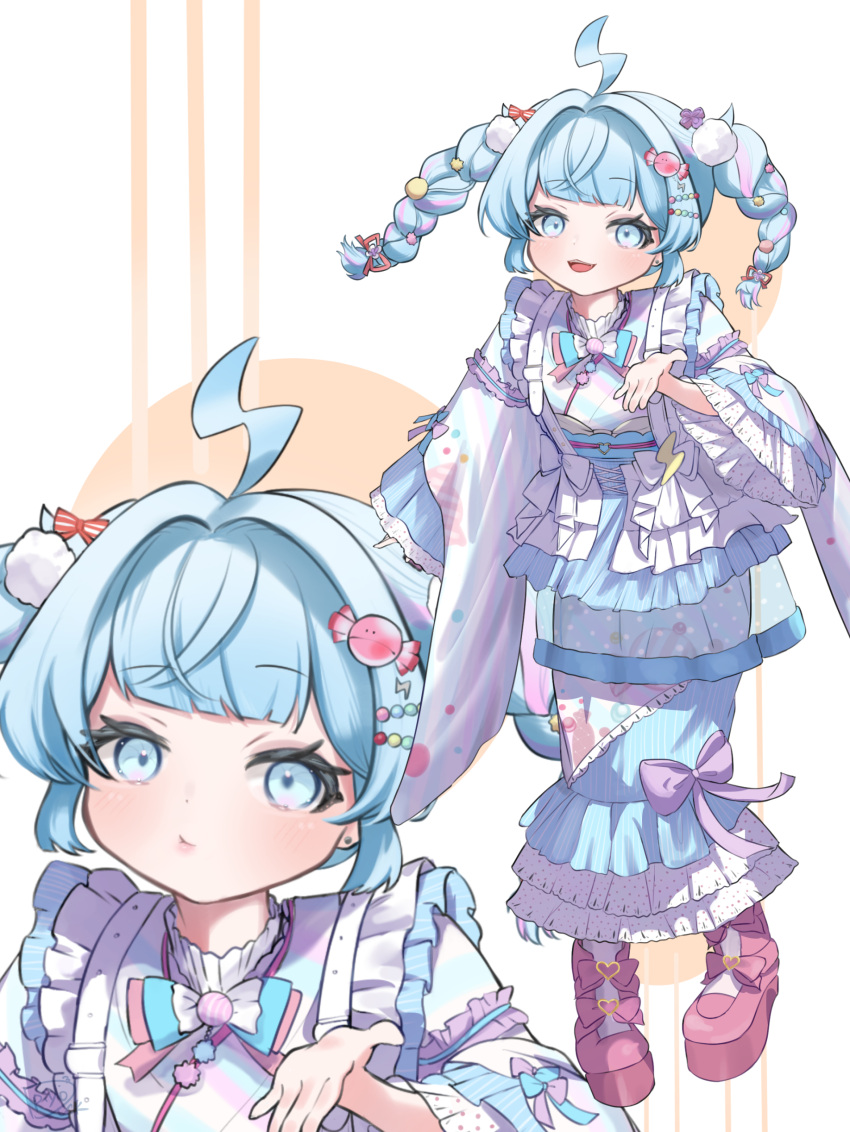1girl, :d, absurdres, ahoge, blue_bow, blue_bowtie, blue_eyes, blue_hair, blue_kimono, bow, bowtie, braid, braided_twintails, candy_hair_ornament, closed_mouth, commentary_request, different_zoom_layer, food-themed_hair_ornament, frilled_kimono, frills, hair_bow, hair_intakes, hair_ornament, highres, hololive, hololive_dev_is, japanese_clothes, kimono, lace-trimmed_kimono, lace_trim, lightning_ahoge, looking_at_viewer, medium_hair, mizumiya_su, mizumiya_su_(new_year), multicolored_hair, official_alternate_costume, official_alternate_hairstyle, pink_streaks, piyoduck, sidelocks, smile, solo, streaked_hair, two-tone_hair, virtual_youtuber, white_background