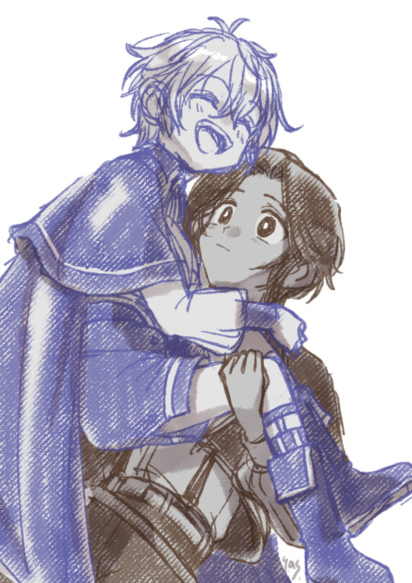 2boys, boots, carrying, carrying_person, closed_eyes, closed_mouth, commentary, commentary_request