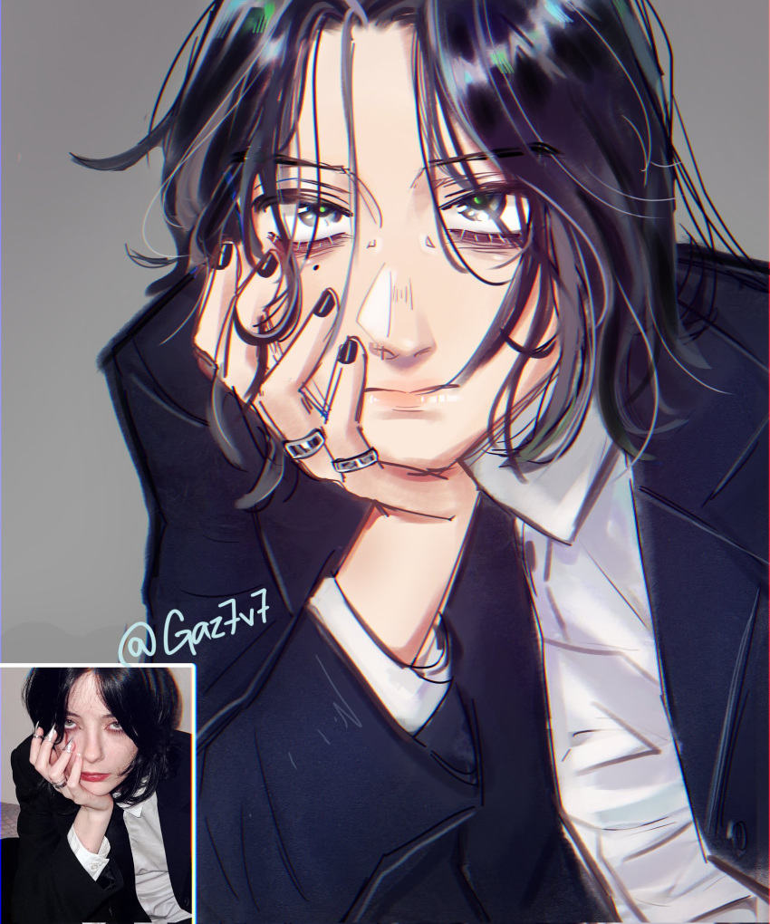 1girl, black_eyes, black_hair, black_jacket, chromatic_aberration, commentary, english_commentary, gaz7v7