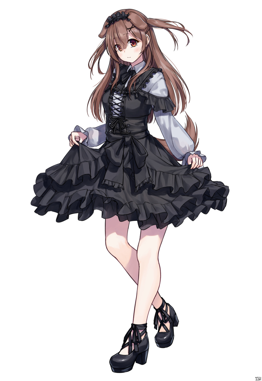 1girl, absurdres, alternate_costume, animal_ears, artist_name, black_dress, black_shoes, blush, breasts, brown_eyes, brown_hair, brown_tail, commentary_request, criss-cross_strings, dated, dog_ears, dog_girl, dog_tail, double-parted_bangs, dress, extra_ears, frilled_dress, frilled_hairband, frills, full_body, gothic_lolita, hair_between_eyes, hair_ornament, hairband, hairclip, highres, hololive, inugami_korone, layered_dress, light_up_dress, lolita_fashion, lolita_hairband, long_hair, long_sleeves, mary_janes, medium_breasts, official_alternate_hairstyle, parted_lips, platform_heels, shirt, shirt_under_dress, shoes, short_dress, signature, simple_background, skirt_hold, solo, surprised, tail, transparent_background, traveler_(artbbt), two_side_up, underbust, virtual_youtuber, white_shirt, x_hair_ornament