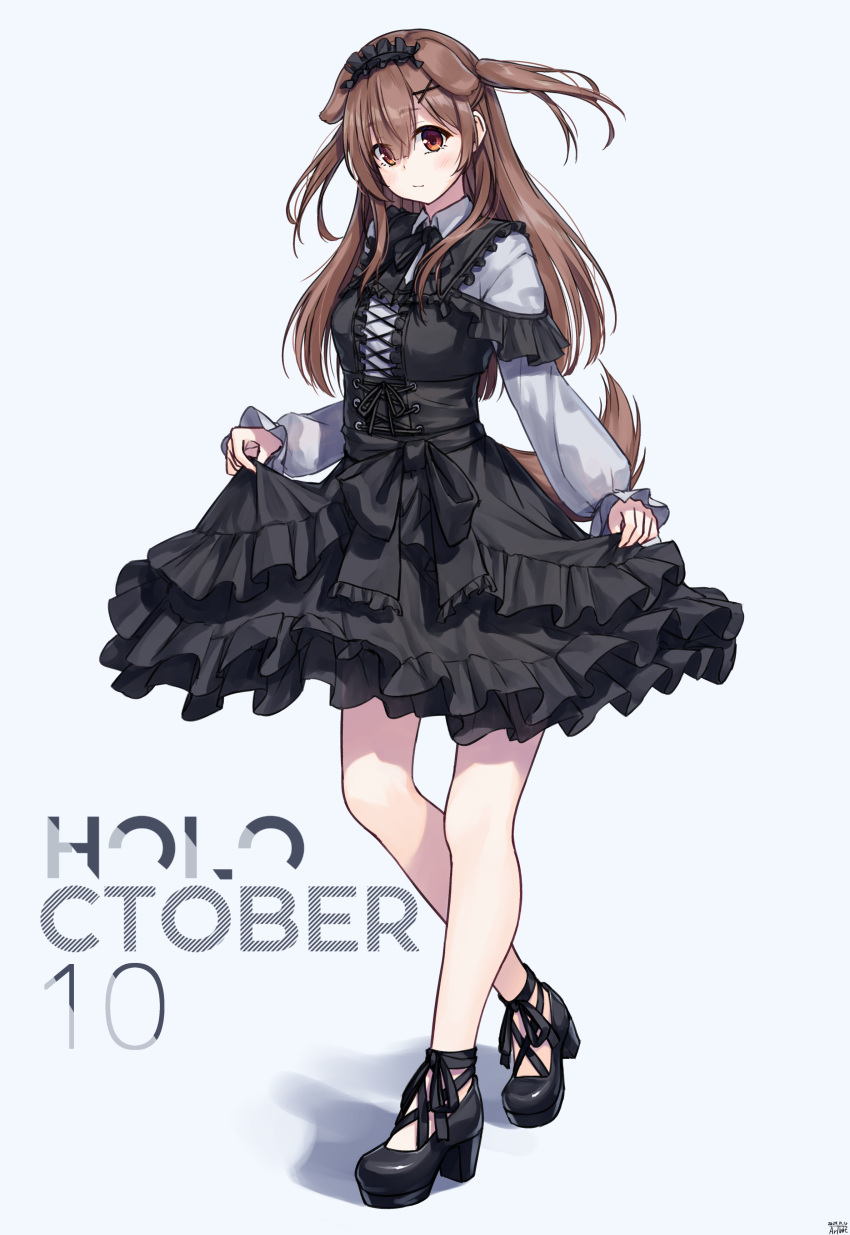 1girl, absurdres, alternate_costume, animal_ears, artist_name, black_dress, black_shoes, blush, breasts, brown_eyes, brown_hair, brown_tail, commentary_request, criss-cross_strings, dated, dog_ears, dog_girl, dog_tail, double-parted_bangs, dress, extra_ears, frilled_dress, frilled_hairband, frills, full_body, gothic_lolita, gradient_background, hair_between_eyes, hair_ornament, hairband, hairclip, highres, hololive, inugami_korone, layered_dress, light_up_dress, lolita_fashion, lolita_hairband, long_hair, long_sleeves, mary_janes, medium_breasts, official_alternate_hairstyle, parted_lips, platform_heels, shadow, shirt, shirt_under_dress, shoes, short_dress, signature, skirt_hold, solo, surprised, tail, traveler_(artbbt), two_side_up, underbust, virtual_youtuber, white_shirt, x_hair_ornament