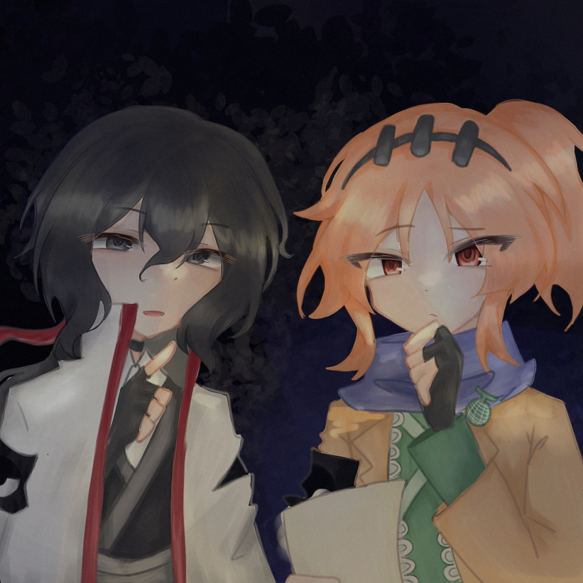 2others, adapted_costume, androgynous, armband, black_armband, black_background, black_choker, black_eyes