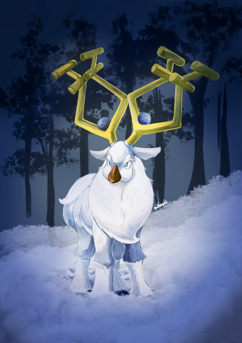 antlers, aqua_eyes, artist_name, commentary_request, deer, highres, horns, mi_ho_chi