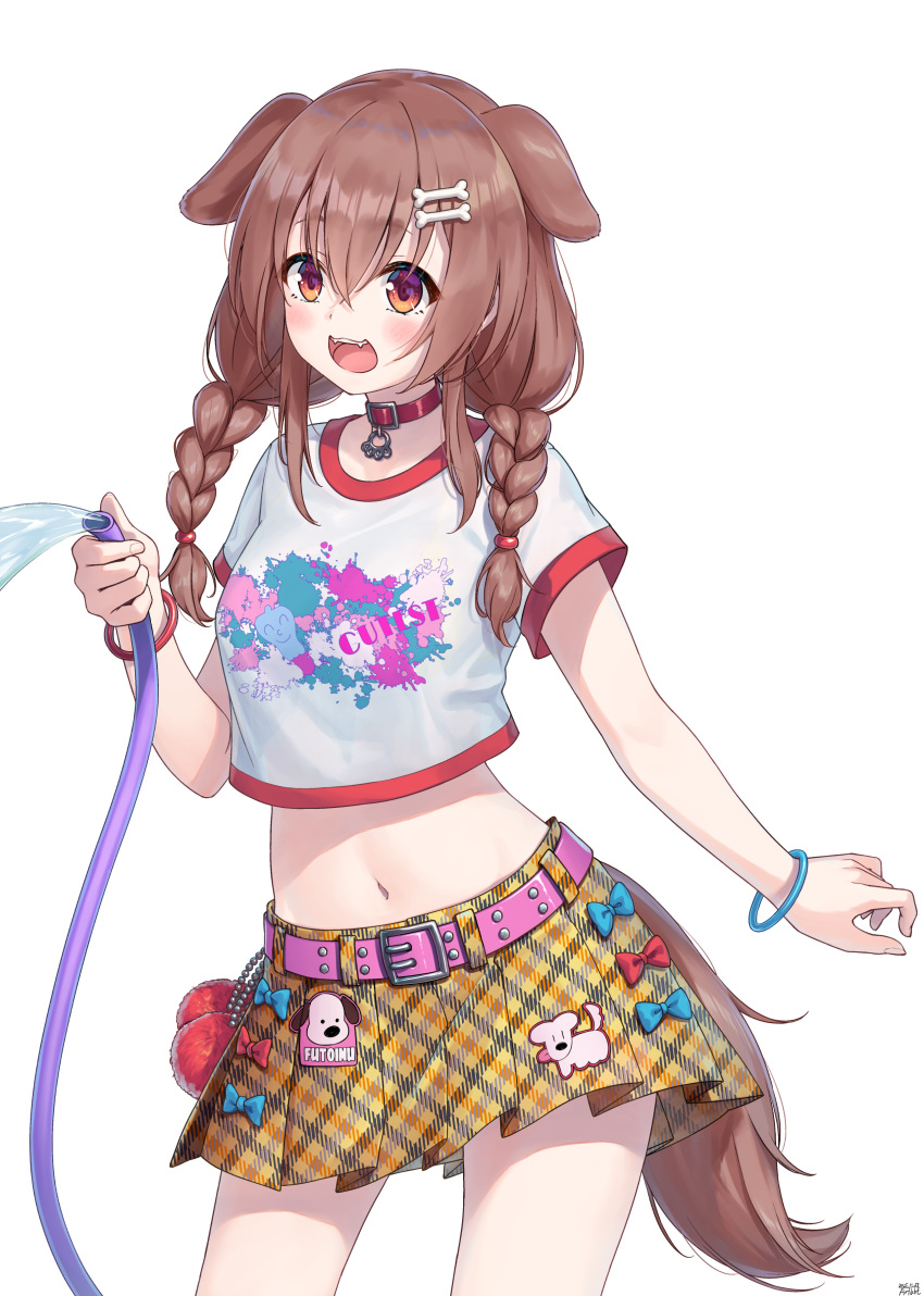 1girl, :d, absurdres, animal_collar, animal_ears, arm_at_side, belt, bone_hair_ornament