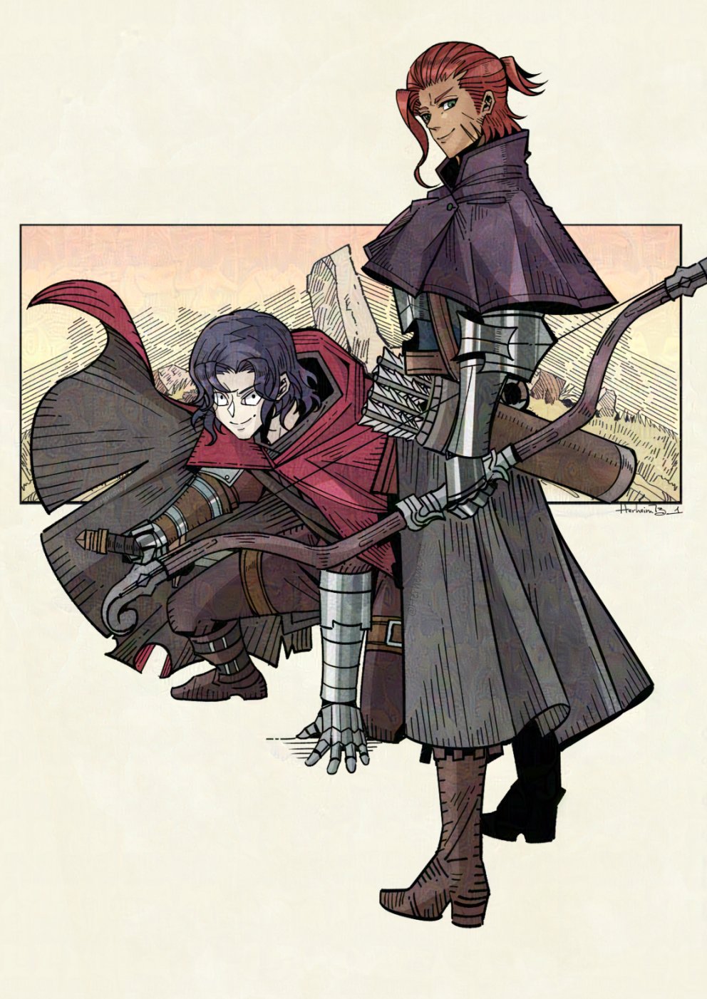 2boys, artist_name, boots, bow_(weapon), capelet, cloak, commentary, curtained_hair