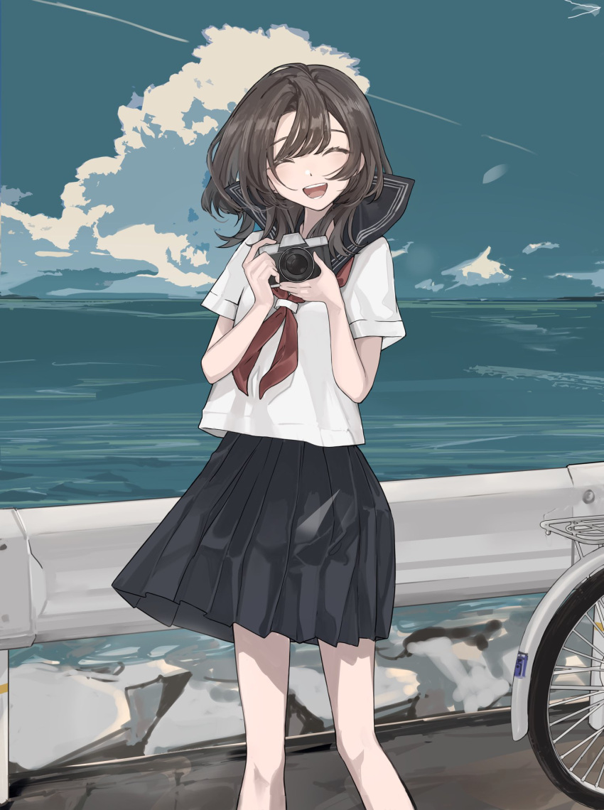 1girl, :d, ^_^, bicycle, black_sailor_collar, black_skirt, blue_sky, brown_hair